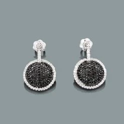 Ladies Circle Earrings With Black And White Diamonds 0.60ct 14K White Gold