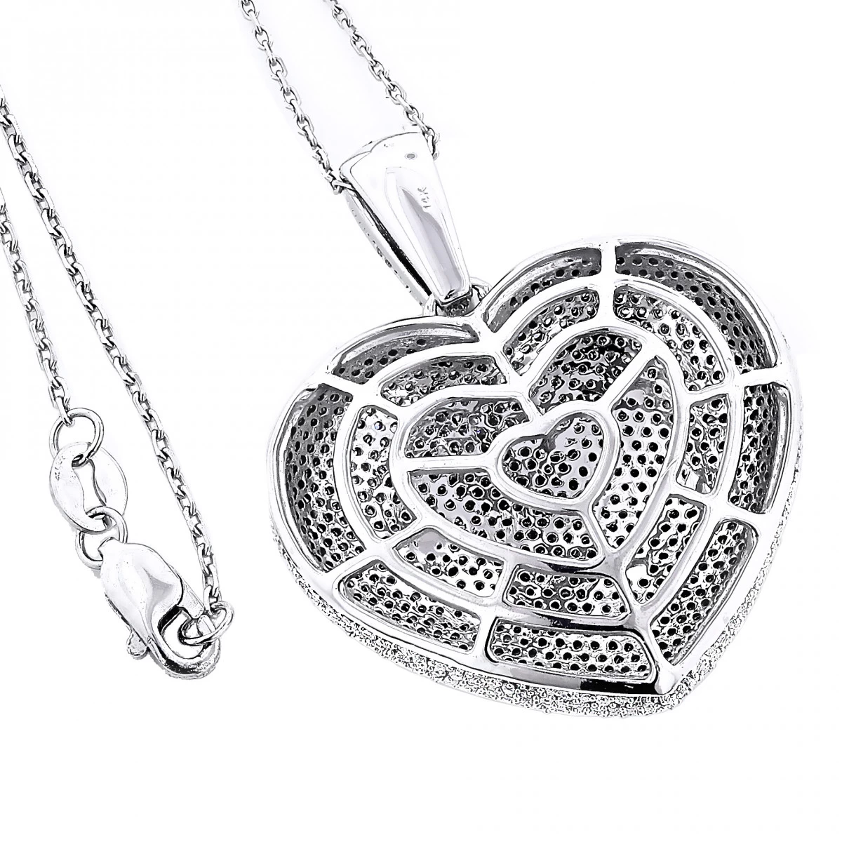 Large 14K White Gold Fully Paved Puffed Diamond Heart Pendant Necklace 2.75ct 6 Large 14K White Gold Fully Paved Puffed Diamond Heart Pendant Necklace 2.75ct - Image 4