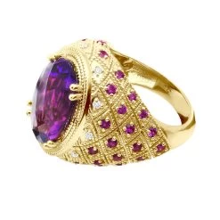 Large Amethyst Cocktail Ring With Diamonds And Pink Sapphires 18K Yellow Gold 14 Large Amethyst Cocktail Ring With Diamonds And Pink Sapphires 18K Yellow Gold -Fashion Accessories Shop large amethyst cocktail ring with diamonds and pink sapphires 18k gold backye