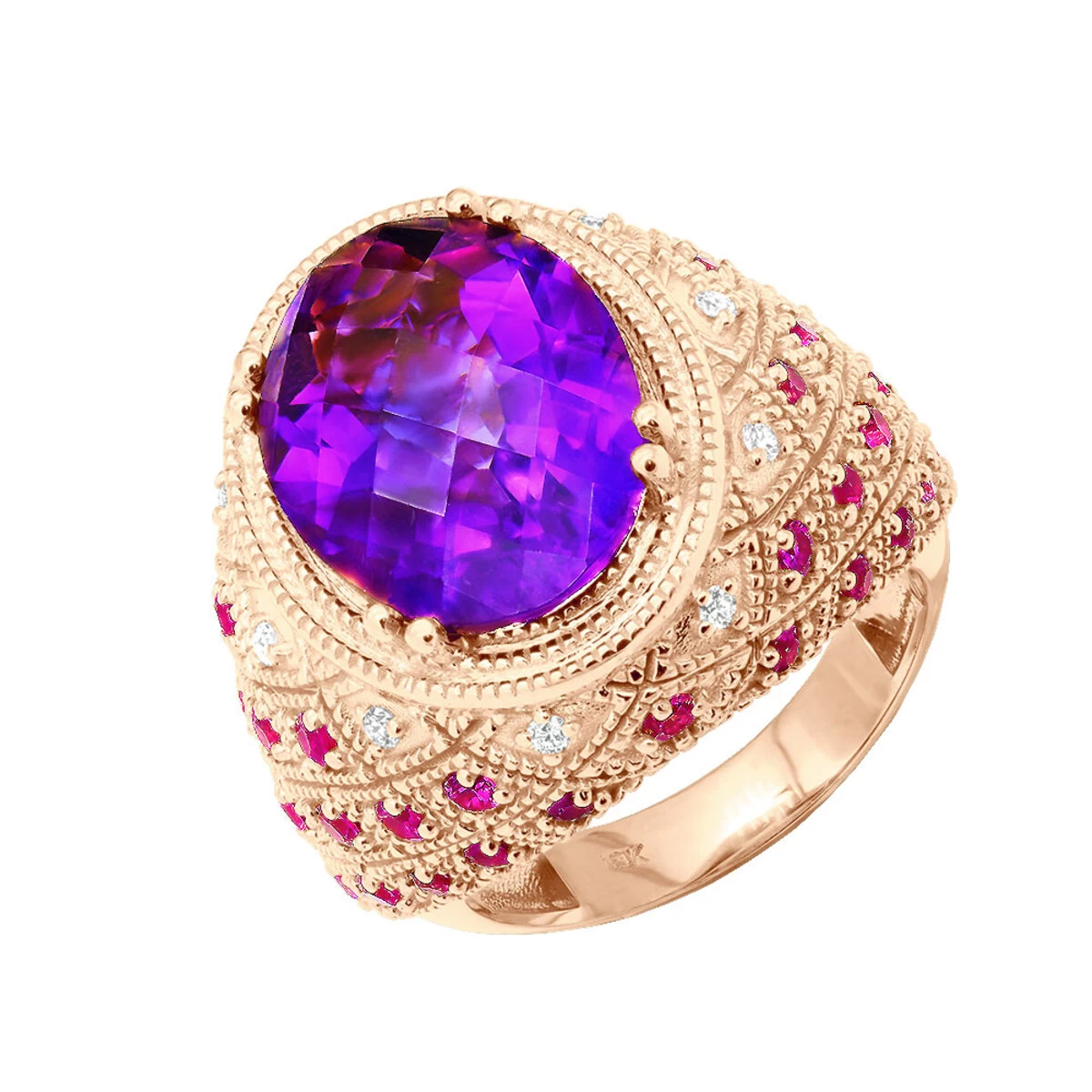 Large Amethyst Cocktail Ring With Diamonds And Pink Sapphires 18K Yellow Gold 5 Large Amethyst Cocktail Ring With Diamonds And Pink Sapphires 18K Yellow Gold - Image 3