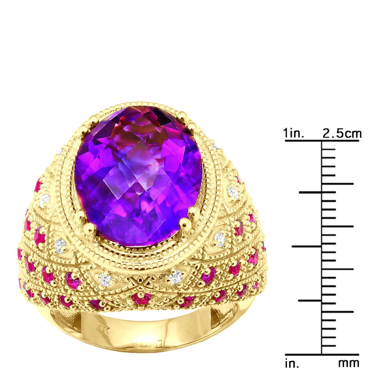 Large Amethyst Cocktail Ring With Diamonds And Pink Sapphires 18K Yellow Gold 10 Large Amethyst Cocktail Ring With Diamonds And Pink Sapphires 18K Yellow Gold - Image 8