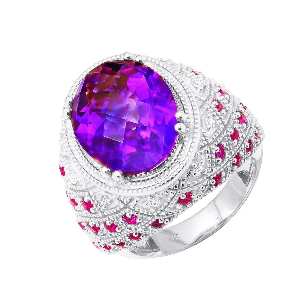 Large Amethyst Cocktail Ring With Diamonds And Pink Sapphires 18K Yellow Gold 4 Large Amethyst Cocktail Ring With Diamonds And Pink Sapphires 18K Yellow Gold - Image 2
