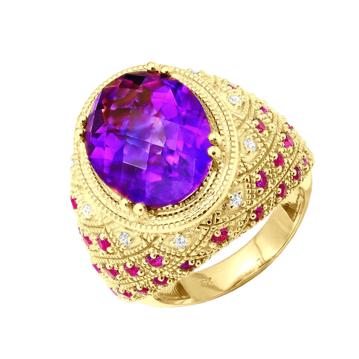 Large Amethyst Cocktail Ring With Diamonds And Pink Sapphires 18K Yellow Gold 3 Large Amethyst Cocktail Ring With Diamonds And Pink Sapphires 18K Yellow Gold