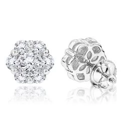 6 Carat Look Large Diamond Cluster Earrings 14K White Gold Studs 2 Carats