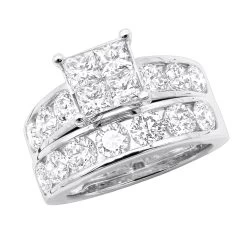Round And Princess Cut Large Diamond Engagement Ring Set 4ct 14K White Gold