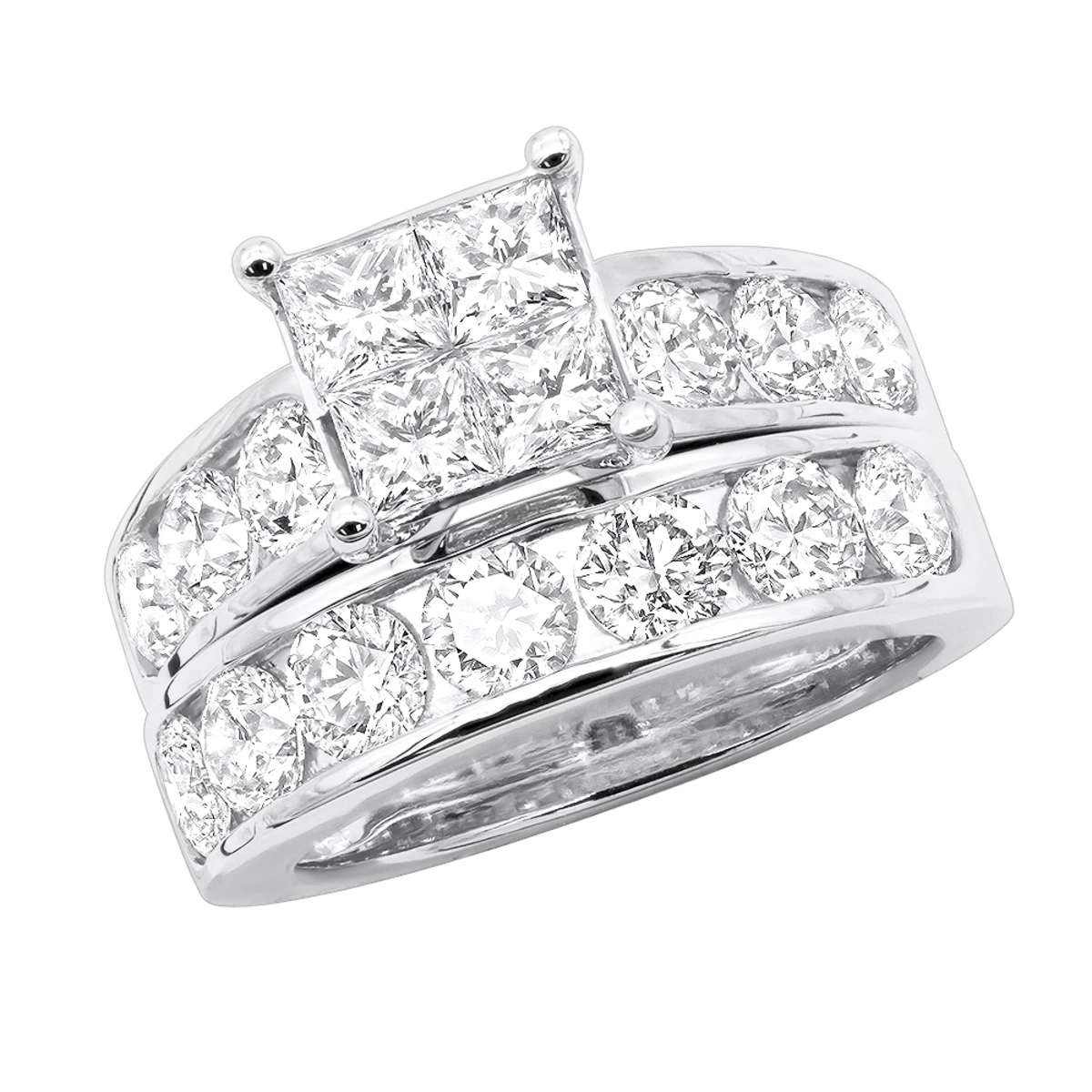 Round And Princess Cut Large Diamond Engagement Ring Set 4ct 14K White Gold 3 Round And Princess Cut Large Diamond Engagement Ring Set 4ct 14K White Gold