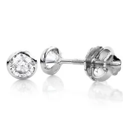 One Carat 14K White Gold Solitaire Round Diamond Bezel Stud Earrings
