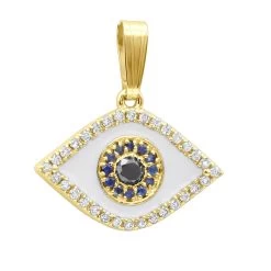 14K Yellow Gold White Black Diamond & Sapphire Evil Eye Pendant Enamel Charm