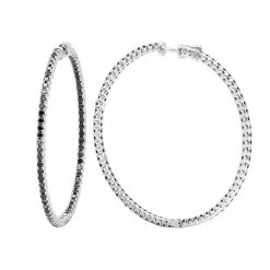 Real 3 Carat Black Diamond 2 Inch Hoop Earrings Inside Out Design 14K White Gold