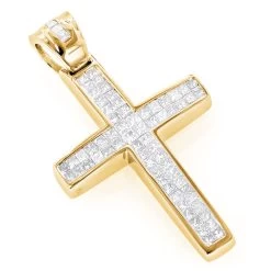 Small 14K Yellow Gold Invisible Princess Cut Diamond Cross Pendant 1.25ct