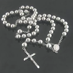 Solid 14K White Gold Rosary Beads Necklace 21in Long 9mm Wide