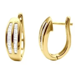 Solid 10K Yellow Gold Baguette Diamond Earrings Hoops 1/2ct