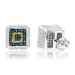 Square Sterling Silver Diamond Earrings Studs 0.35ct Yellow Blue Diamonds