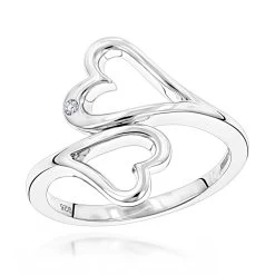 Sterling Silver Double Open Hearts Diamond Ring Luxurman Love Quotes