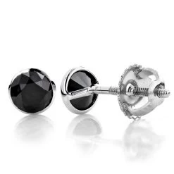 Two Carat 14K White Gold Solitaire Black Round Diamond Bezel Stud Earrings