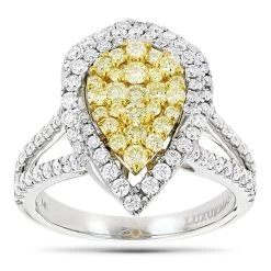 Unique 14K White Gold White Yellow Diamond Pear Shape Cluster Ring For Women 1.5c