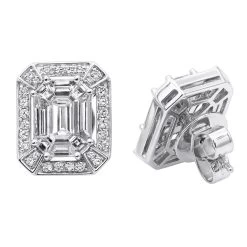 Unique 18K White Gold Emerald Cut Diamond Stud Earrings Halo Design 2.5ct