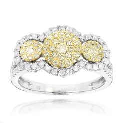 White And Yellow Diamonds Right Hand Ring For Women Cluster Design 14K White Gold