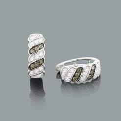 White And Champaign Diamond Hoop Huggie Earrings 0.47ct 14K White Gold
